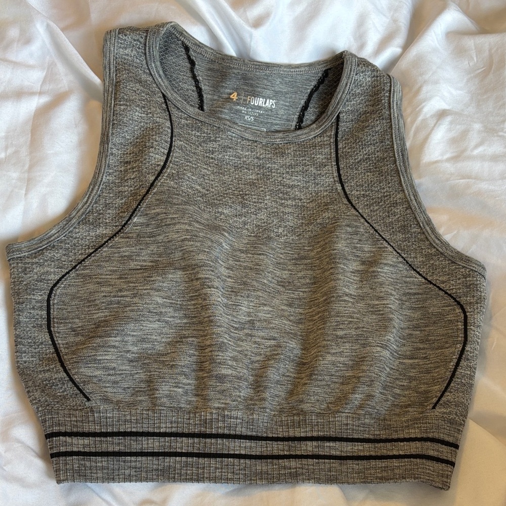 Four laps Re-Up slate grey and black stretchy sport bra crop top size xs/s